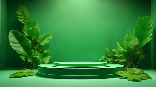 Stand ou exposition de produit sur podium avec fond vert feuille et lumière cinématographique