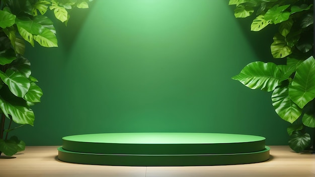 Stand ou exposition de produit sur podium avec fond vert feuille et lumière cinématographique