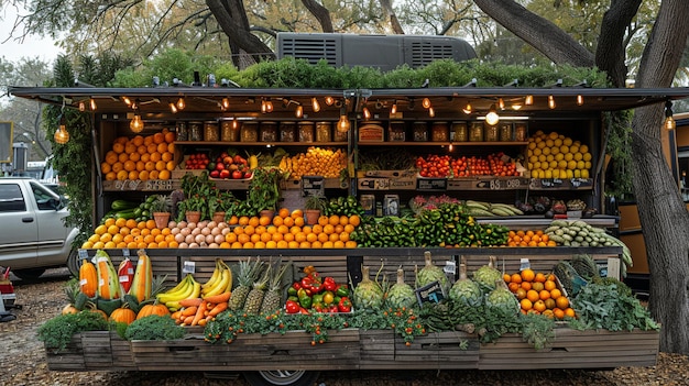 Photo stand de ferme mobile vendant des produits frais arrière-plan