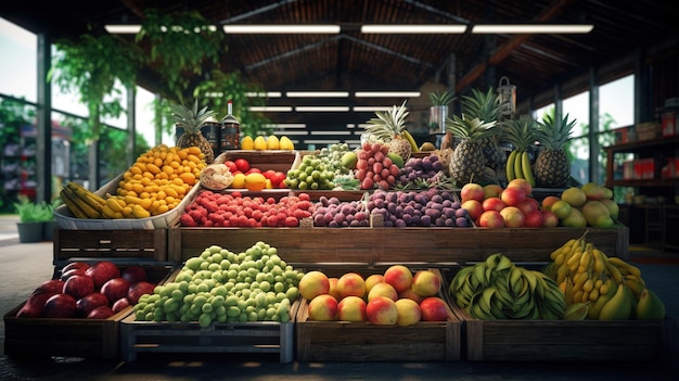 Un stand de fruits avec un ananas dessus