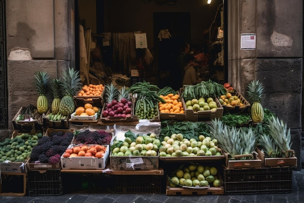 Un stand de fruits avec une pancarte qui dit "frais" dessus