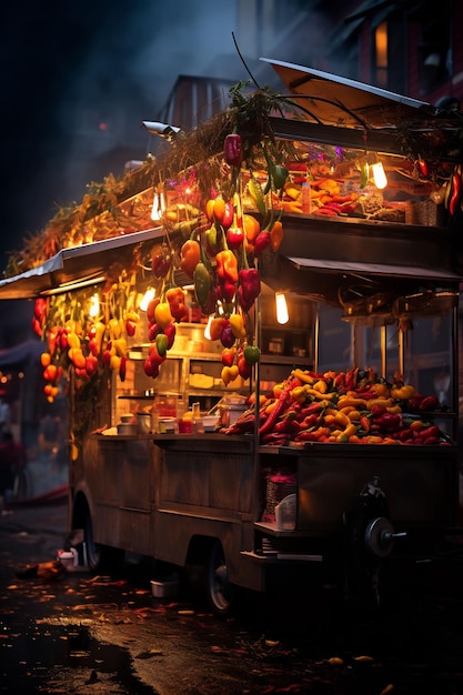 un stand de fruits vendant des fruits et légumes la nuit