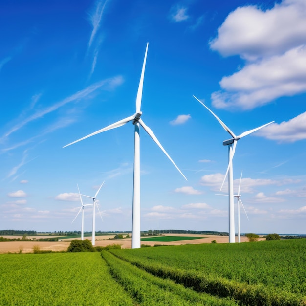 Stand de générateur d'éoliennes dans les prés verts contre le ciel