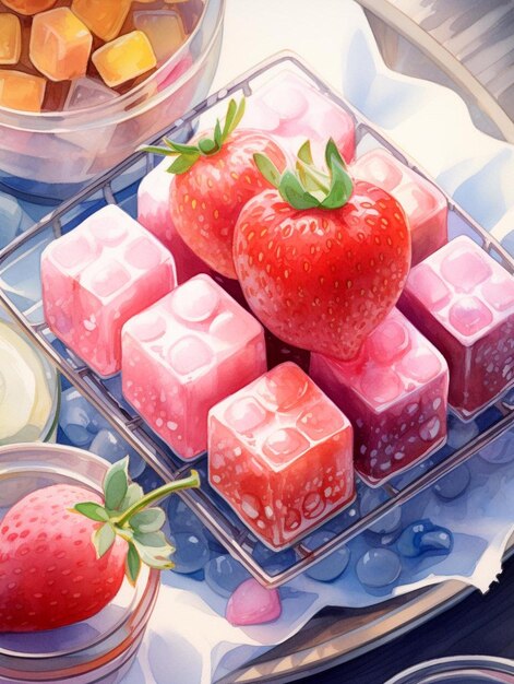 un stand de glace à la fraise avec une fraise au milieu.