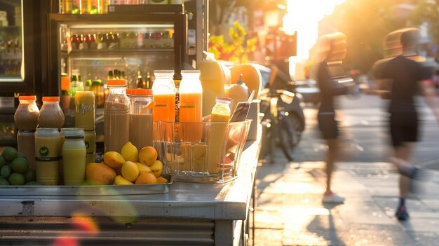 Photo stand de jus frais au coucher du soleil mode de vie urbain et alimentation saine