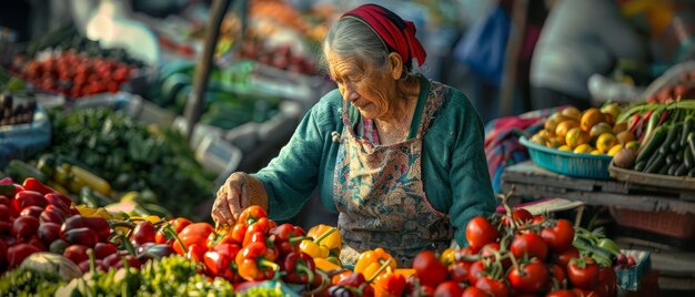 Un stand de légumes biologiques dans un marché d'agriculteurs géré par une femme sympathique qui vend des légumes frais de son jardin sur le toit