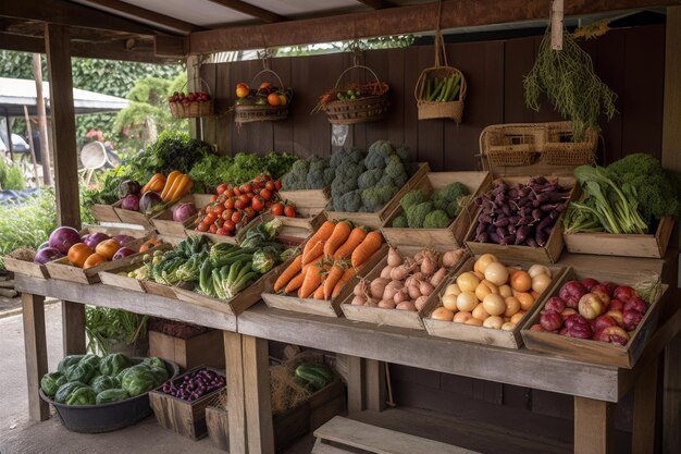 Stand de légumes avec une variété de fruits et légumes exposés créés avec une IA générative