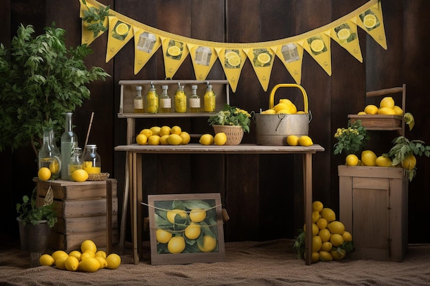 Photo stand de limonade avec un vélo rétro et des caisses de citrons