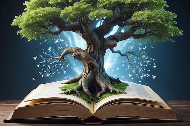 Stand de livre ouvert d'un arbre de connaissance majestueux