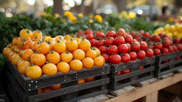 Un stand de marché d'agriculteurs avec des produits frais illustré par l'IA