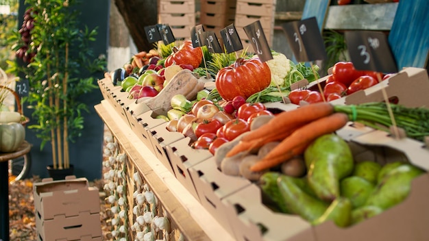 Stand de marché des aliments biologiques avec des produits bio colorés, des produits naturels sains et cultivés sur place. Tomates, oignons, citrouilles, carottes ou pommes de terre écologiques vendus sur le marché des agriculteurs crus frais.