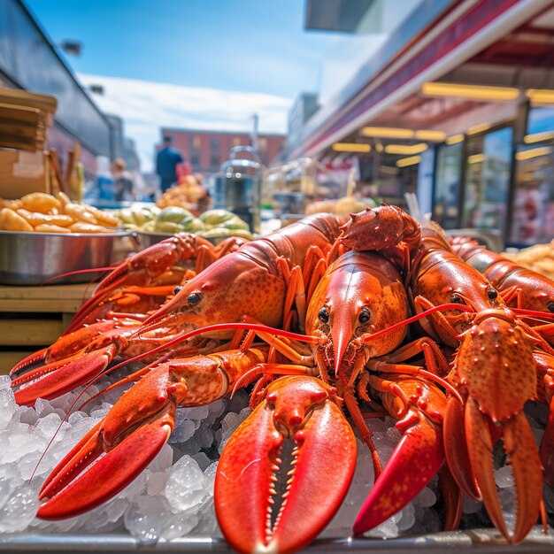 un stand de marché de fruits de mer présentant des homards frais exposés sur la glace