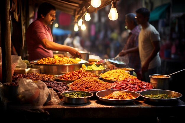 Un stand de marché indien coloré vendant du poulet au beurre préparé