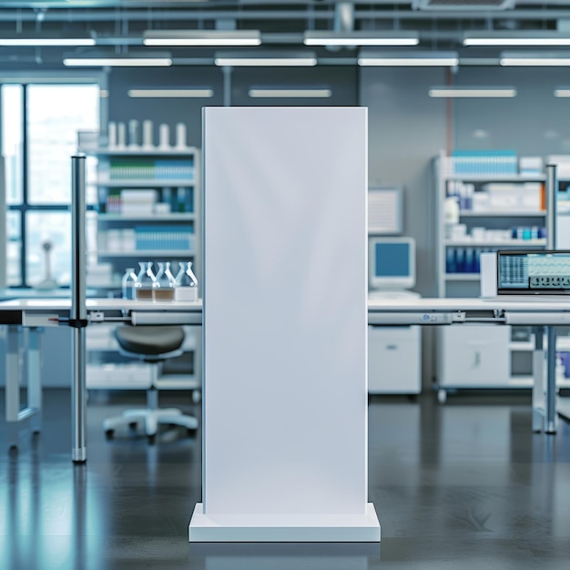 Stand de médecine pharmacologique maquette podium vide sur table avec bannière et espace de copie présentant la recherche et l'innovation dans les produits pharmaceutiques dans l'industrie des soins de santé