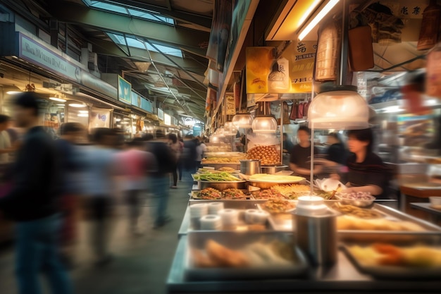 Un stand de nourriture animé dans un marché urbain bondé