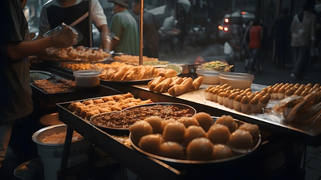 Un stand de nourriture avec beaucoup de nourriture dessus