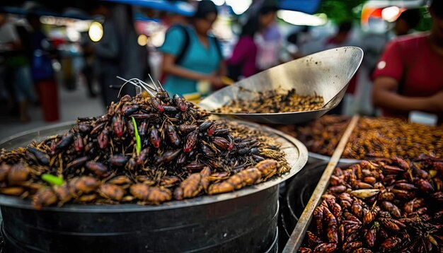 Un stand de nourriture avec un grand bol de nourriture avec un grand nombre d'insectes dessus.