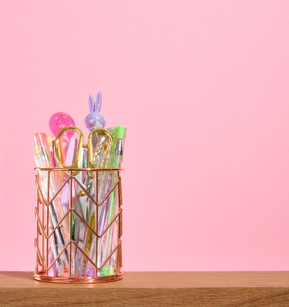 Un stand de papeterie avec divers stylos de couleur crayons ciseaux sur fond rose Copiez l'espace pour le texte