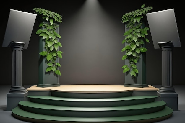Stand de piédestal vide 3D avec des feuilles vertes pour la scène de studio en plein air