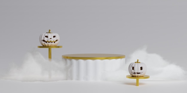 Stand et podium avec concept d'halloween Scène simple avec de la fumée pour le produit avec des citrouilles d'halloween sur fond violet illustration de rendu 3d