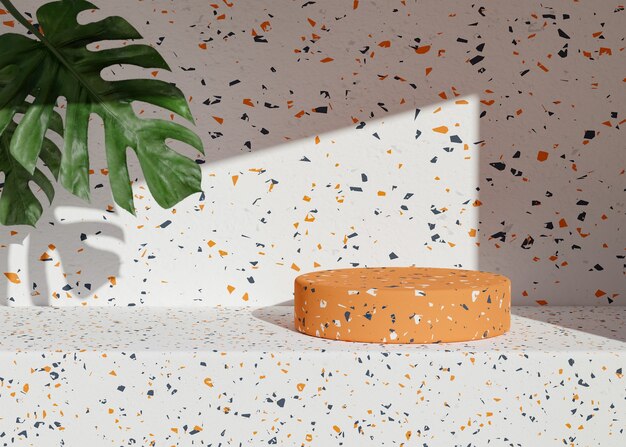 Stand de podium en marbre de terrazzo orange avec des arbres tropicaux pour le placement de produits 3d