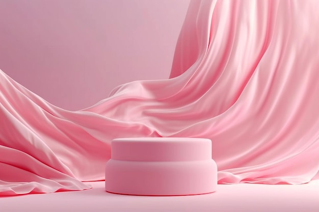Stand de présentation de podium cosmétique en tissu rose sur un fond 3D d'affichage minimal du produit