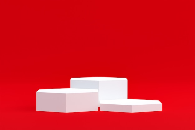 Stand de produit, Podium minimal sur fond rouge pour la présentation de produits cosmétiques.