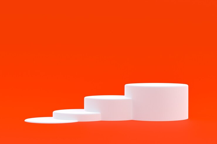 Photo stand de produit, podium minimal sur fond rouge pour la présentation de produits cosmétiques.