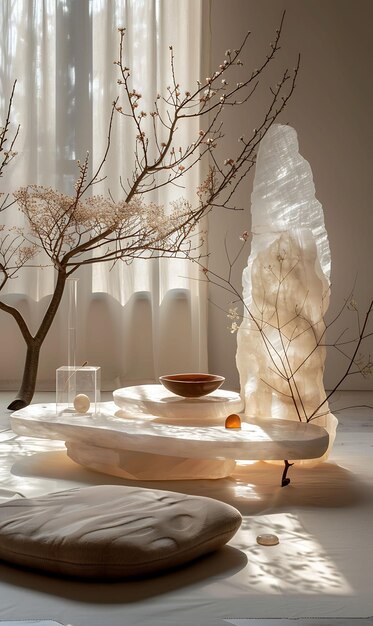 Photo stand de produits en alabaster sculpté à la main avec un fond élégant de design translucide