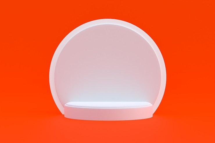 Photo stand de produits, podium minimal sur orange pour la présentation des produits cosmétiques.