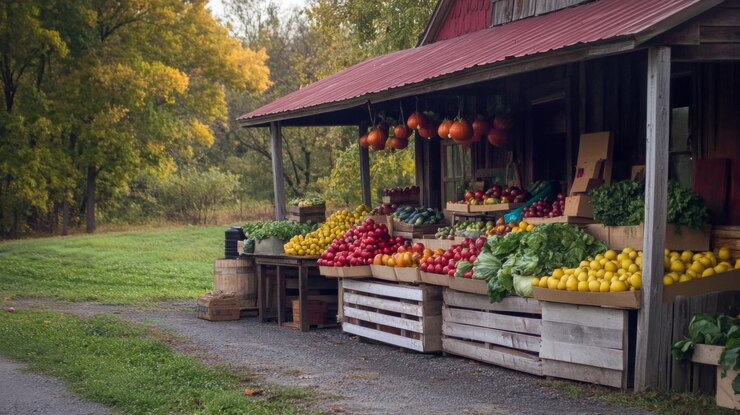 Photo un stand de produits rustiques avec des fruits et légumes frais