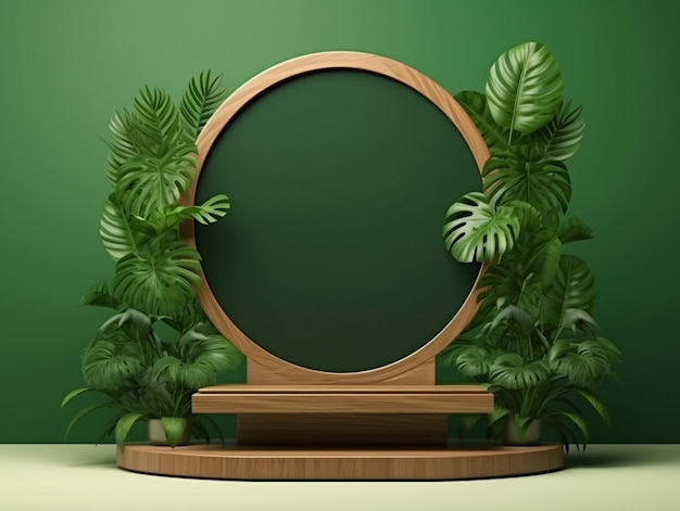 Photo stand publicitaire de produits cosmétiques exposition podium en bois sur fond vert avec feuilles et sha
