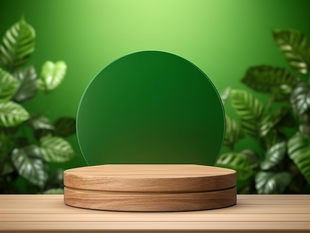 Photo stand publicitaire de produits cosmétiques exposition podium en bois sur fond vert avec feuilles et sha