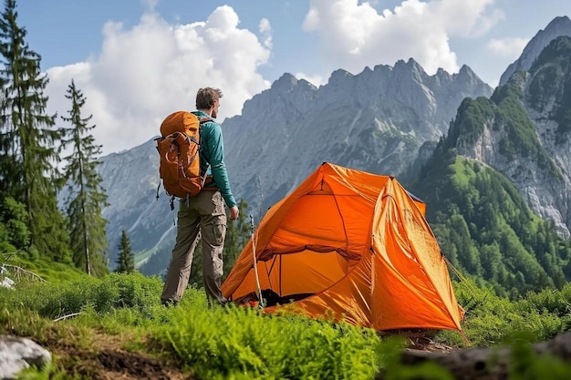 Stand de randonneur devant la tente orange du camping et sac à dos dans les montagnes