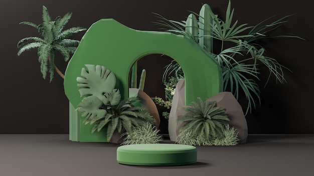 Photo stand de scène de podium sur fond tropical naturel rendu 3d de style low poly