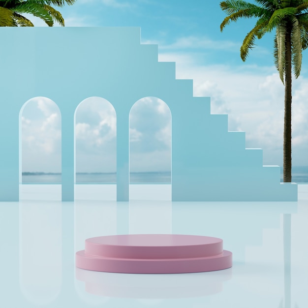 Stand de scène de podium rose sur ciel bleu tropical au bord de la mer pour le placement de produit rendu 3d