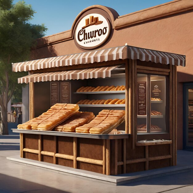 un stand traditionnel de Churro baigné par la chaude lumière du soleil présentant des churros fraîchement frits