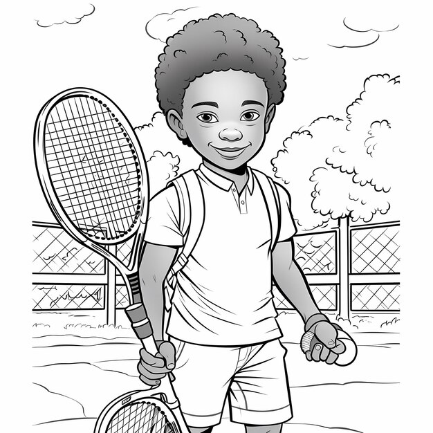 Photo star du tennis garçon afro-américain réaliste coloriage page de tennis raquette