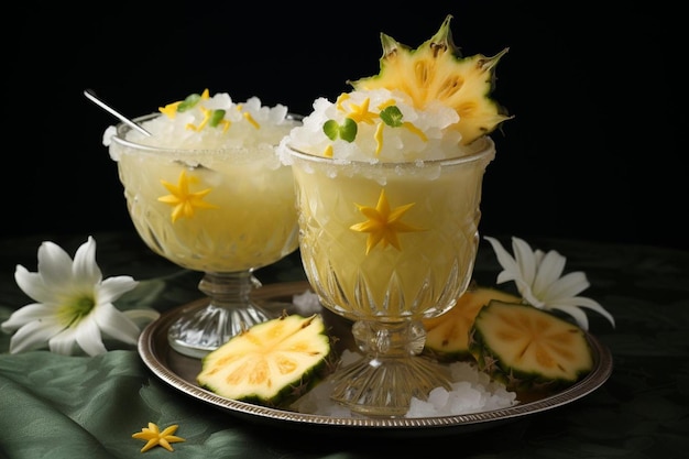 Starfruit avec une tranche d'ananas et de noix de coco pour un ensemble tropical Photographie d'image Starfruit