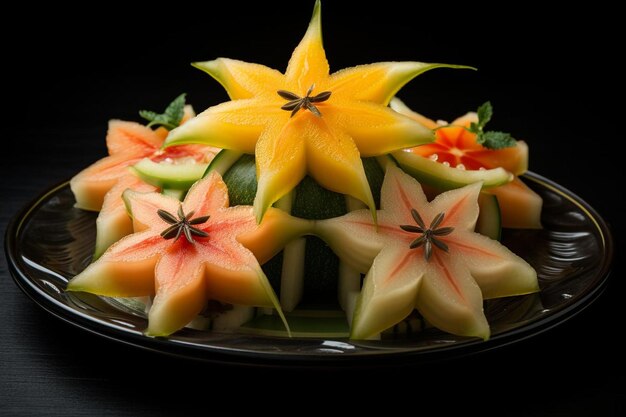 Photo starfruit avec une tranche coupée et disposée sur une assiette de rouleaux de sushi photographie d'image starfruit