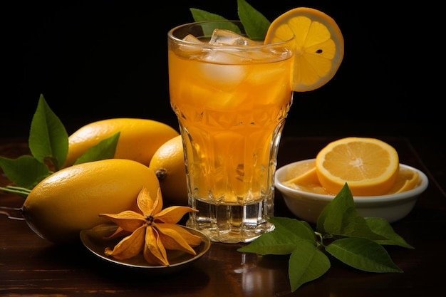 Starfruit avec une tranche équilibrée sur le bord d'un verre de jus Photographie d'image Starfruit