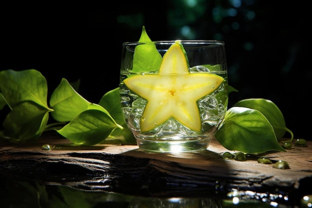 Starfruit avec une tranche équilibrée sur le bord d'un verre de jus Photographie d'image Starfruit