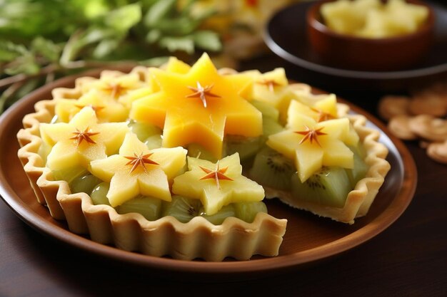 Starfruit avec une tranche placée sur une tarte aux fruits Photographie d'image Starfruit