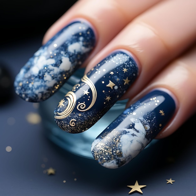 Starry Night Nails Design Tons bleu nuit et argent Idée de concept Lon Séance photo artistique créative