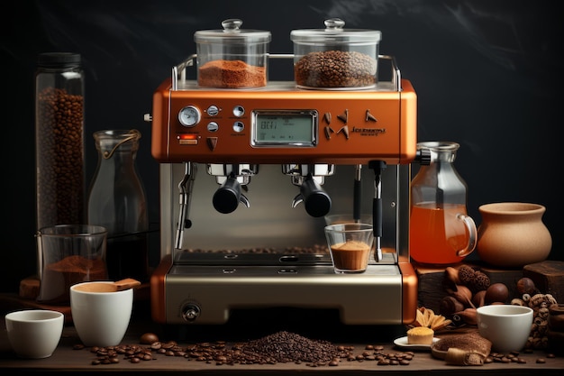 Station barista de café avec machine à expresso, moulin à café et grains de café, IA générative