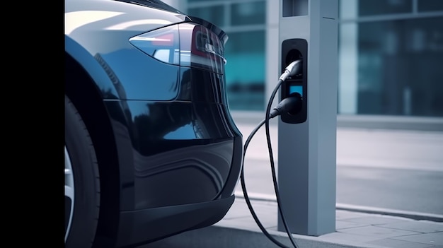 Une station de charge électrique avancée et brillante avec une voiture d'organisation lisse et à la pointe de la technologie Ressource créative générée par l'IA