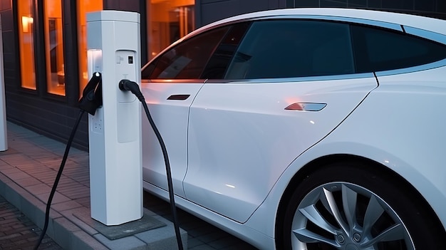 Une Station De Charge électrique Avancée Et Brillante Avec Une Voiture D' organisation Lisse Et à La Pointe De La Technologie Ressource Créative  Générée Par L'ia