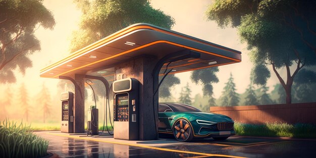 Station de charge de voiture électrique avec panneaux solaires en arrière-plan Generative AI