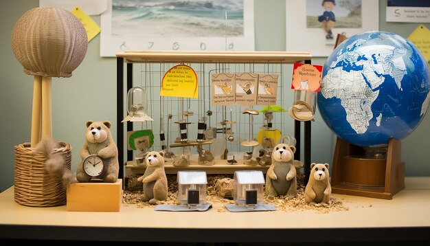 Photo station météorologique simulée où les enfants apprennent la météorologie et l'histoire du jour de la marmotte