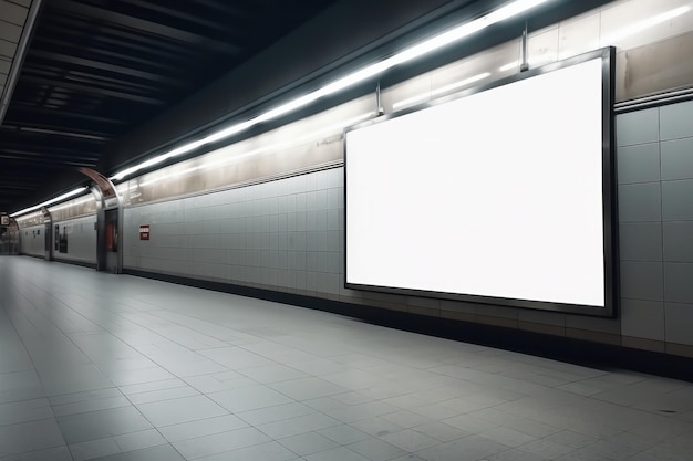 Station de métro abandonnée, sombre et inquiétante, avec un écran vide pour l'expression créative Parfait pour une exposition contemporaine Atmosphère obsédante dans la décadence urbaine IA Générative